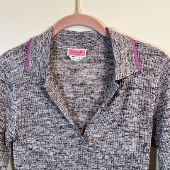 ✨ Kate Spade Women’s Gray Collared Linen-Blend Short Sleeve Sweater Top Small - Picture 2 of 11